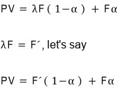 PV = λF(1 − α) + Fα; writing λF = F′, PV = F′(1 − α) + Fα