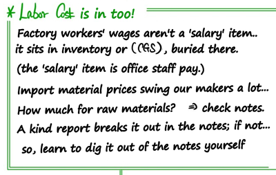 Handwritten note: labor cost is included too, factory workers&rsquo; wages go into inventory and cost of goods sold, not the salaries line