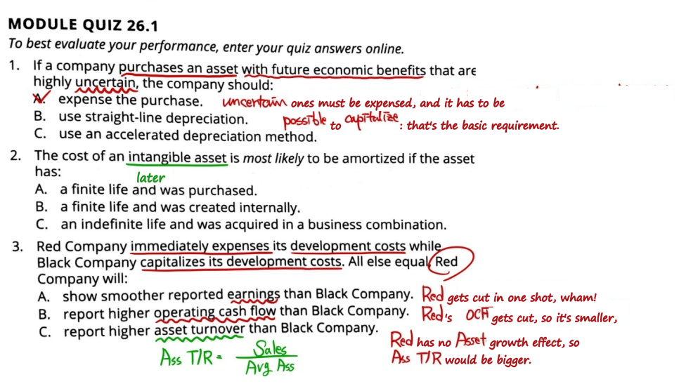 Module Quiz 26.1 with the author&rsquo;s marks: question 1, answer A (expense the purchase); question 3, Red Company would show a higher asset turnover