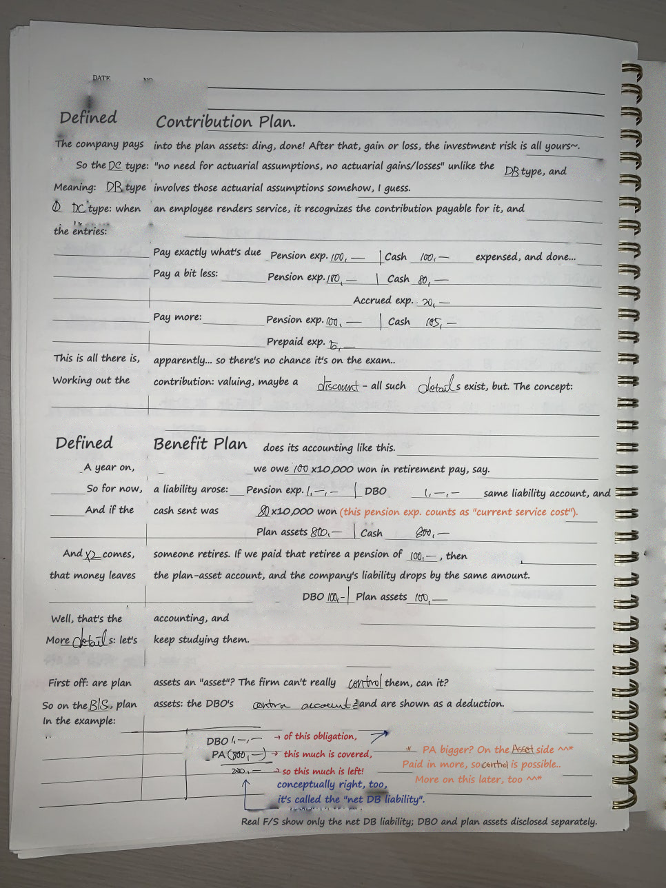 The author&rsquo;s intermediate-accounting notebook on pensions, page 1: defined contribution plans and their entries, then the first defined benefit entries and the net defined benefit liability