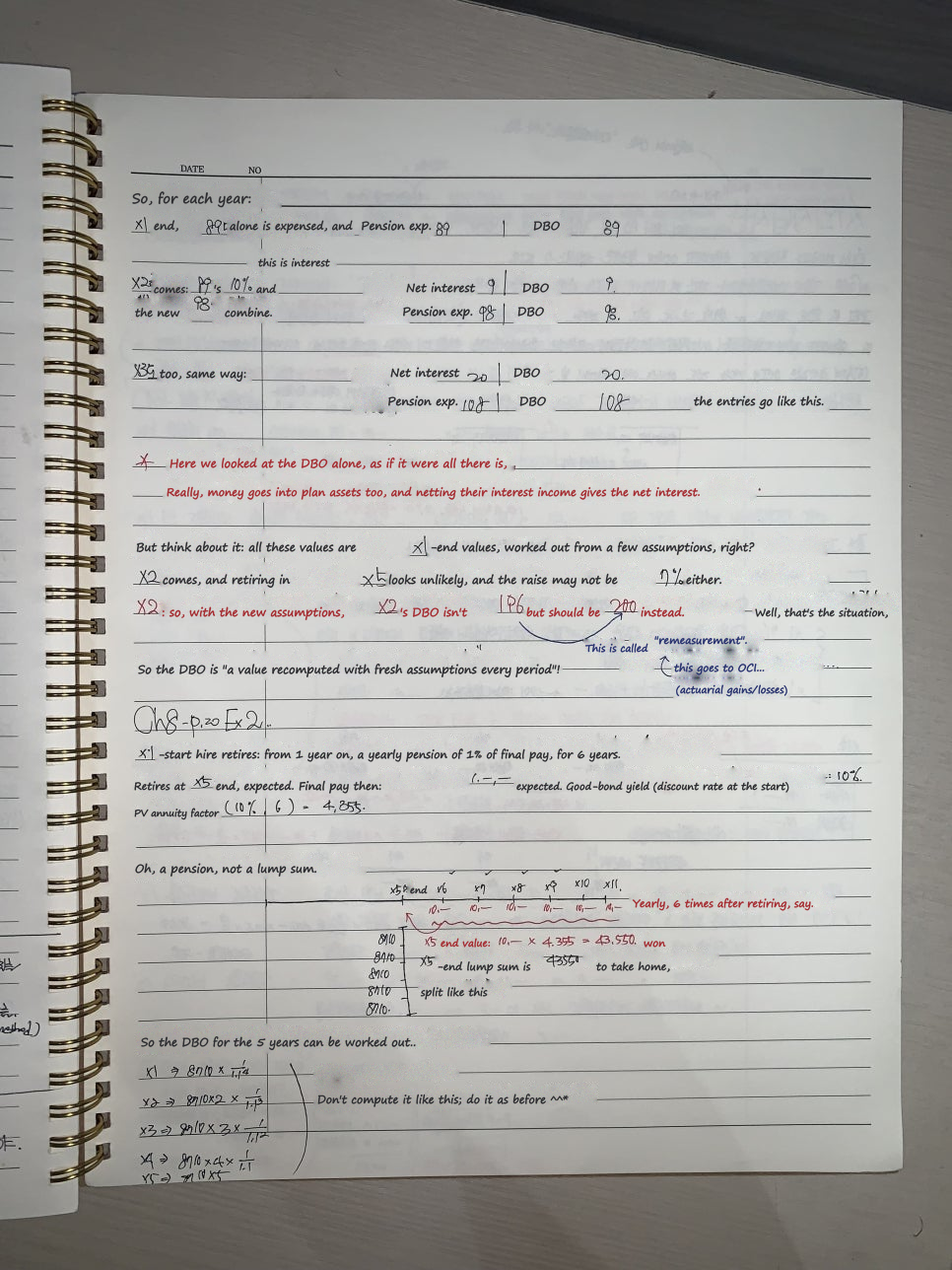 Notebook page 4: the DBO year by year, changes in actuarial assumptions, and an exercise