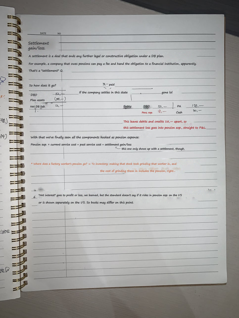 Notebook page 8: settlement gains and losses, and the components of the pension cost