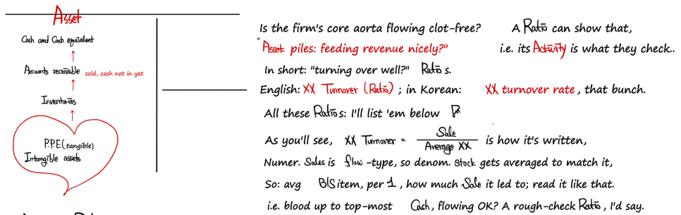 Turnover ratios show whether the aorta flows: XX Turnover = Sale / Average XX, a flow on top over an averaged stock below, read as how much Sale each 1 of the average B/S item led to