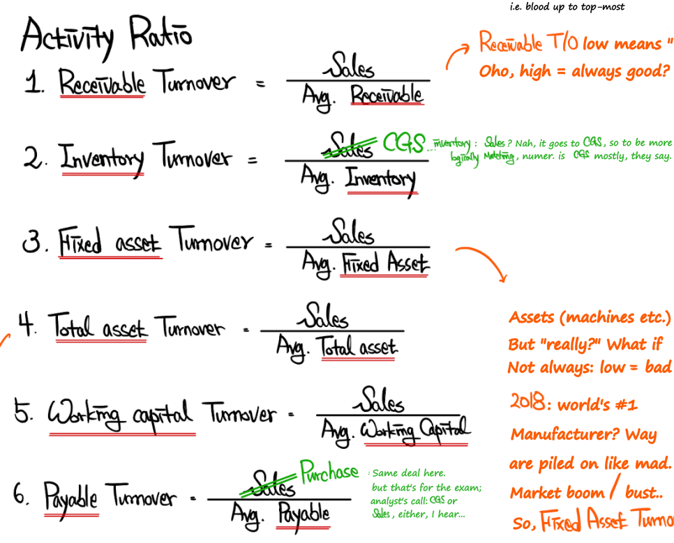 The six activity ratios: receivable, inventory (CGS on top), fixed asset, total asset, working capital and payable (purchases on top) turnover, with the author&rsquo;s side notes