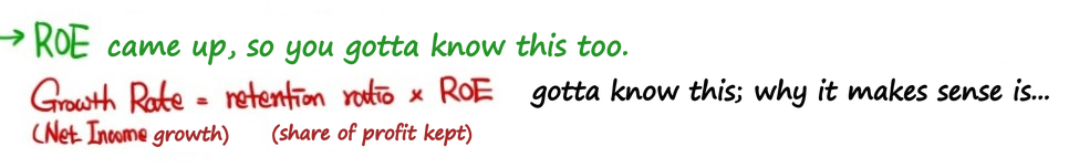 ROE came up, so know this too: growth rate (of net income) = retention ratio × ROE, and why it makes sense