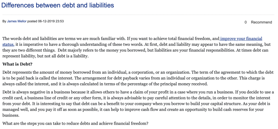 Screenshot of James Mellor&rsquo;s post Differences between debt and liabilities: debt is money borrowed, and the charge for it is called interest
