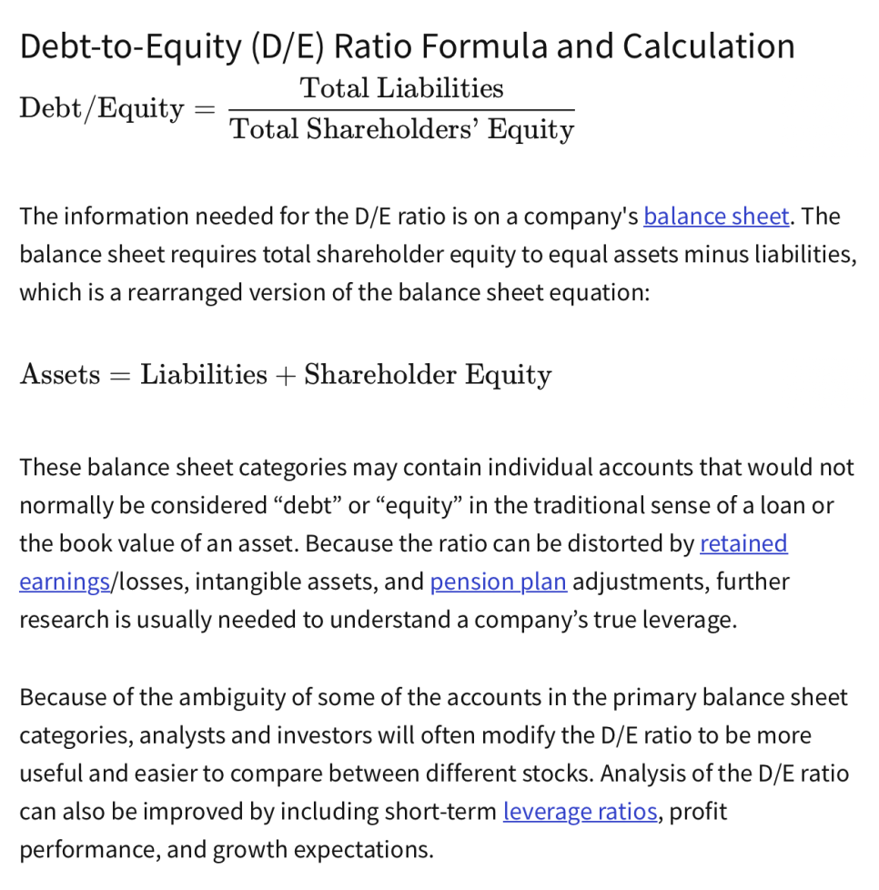 Investopedia&rsquo;s debt-to-equity formula, total liabilities over total shareholders&rsquo; equity, and why analysts often modify it