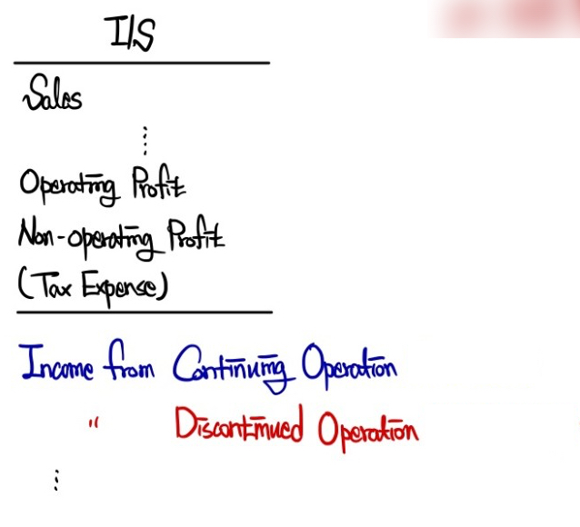 Income statement: sales, operating profit, non-operating profit and tax expense lead to income from continuing operations, and below it comes the income from discontinued operations