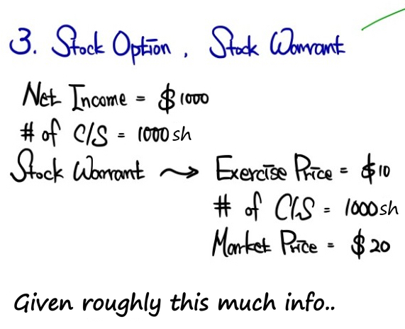 Warrant example: net income 1,000 dollars, 1,000 shares, warrants for 1,000 shares at an exercise price of 10 dollars, market price 20 dollars