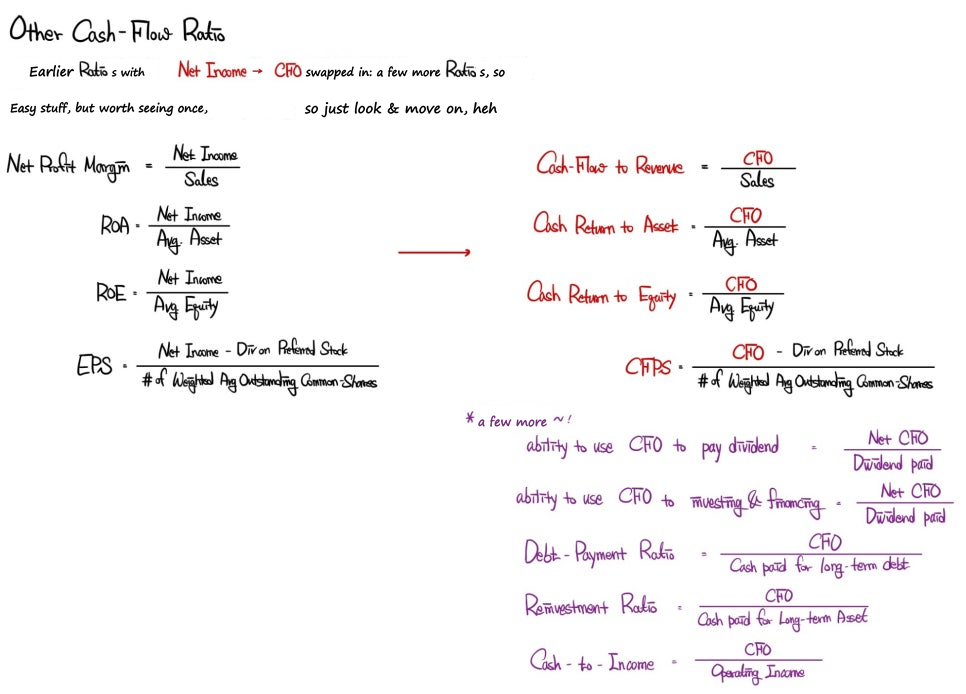 Other cash-flow ratios: net income swapped for CFO (cash flow to revenue, cash return on assets and on equity, cash flow per share), plus dividend payment, investing and financing, debt payment, reinvestment and cash-to-income ratios