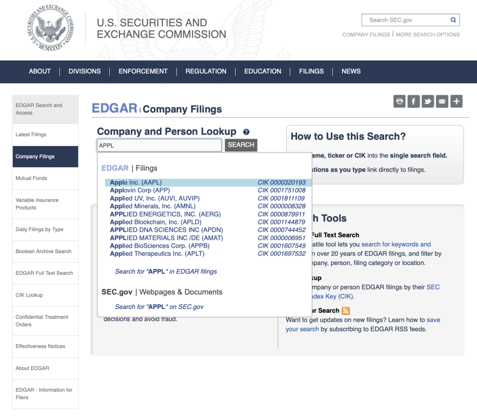 The SEC&rsquo;s EDGAR company lookup with a ticker typed in; the first suggestion is Apple Inc. (AAPL)