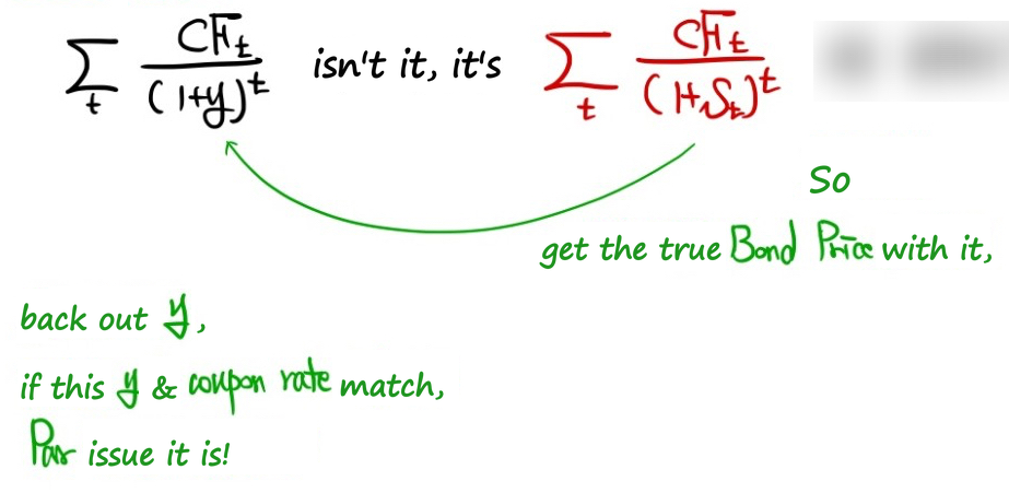 Not Σ CF_t/(1+y)^t but Σ CF_t/(1+S_t)^t: get the true bond price, back out y, and if y equals the coupon rate it is a par issue