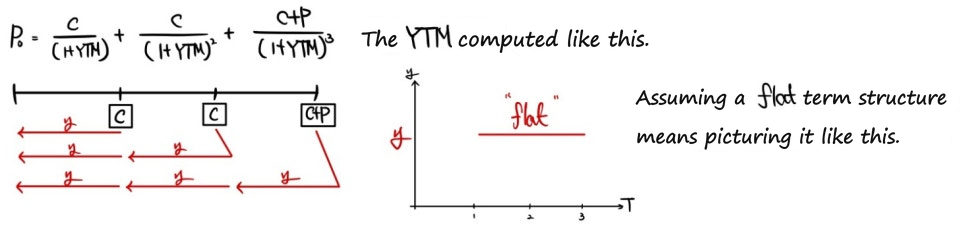 The YTM formula discounts every cash flow (C, C, C+P) at the same y, which is the same as assuming a flat term structure: y drawn as a flat line over T = 1, 2, 3