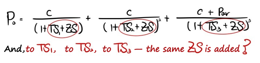 In the price formula the same ZS is added to each Treasury spot rate TS1, TS2 and TS3