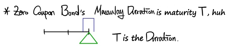 A zero-coupon bond on the seesaw: its only cash flow sits at maturity T, so its Macaulay duration is T