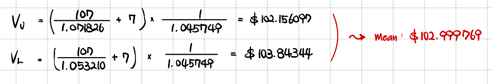 Pathwise valuation of the example: the up path is worth 102.156097, the down path 103.84344, and their mean is 102.999769