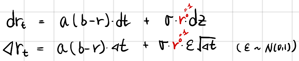 The Vasicek model next to CIR: the same formulas with the exponent of r set to 0, so r to the power 0 equals 1, in continuous and discrete form