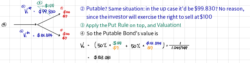 Putable bond: the up node is lifted to the put price 100, the down node stays 101.594, and the putable bond is worth 103.081