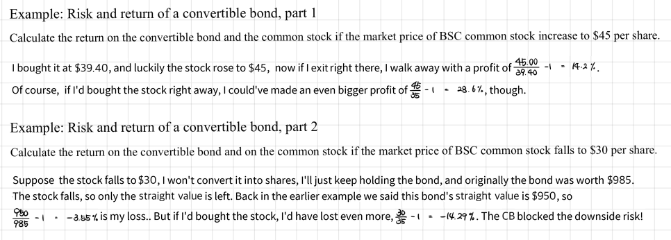 CFA example: risk and return of a convertible bond. If the stock rises to 45 dollars the CB returns 14.2% (45.00/39.40 - 1) against 28.6% for the stock; if it falls to 30 dollars the CB falls back only to its straight value of 950 dollars, a loss of 3.55% (950/985 - 1) against 14.29% for the stock