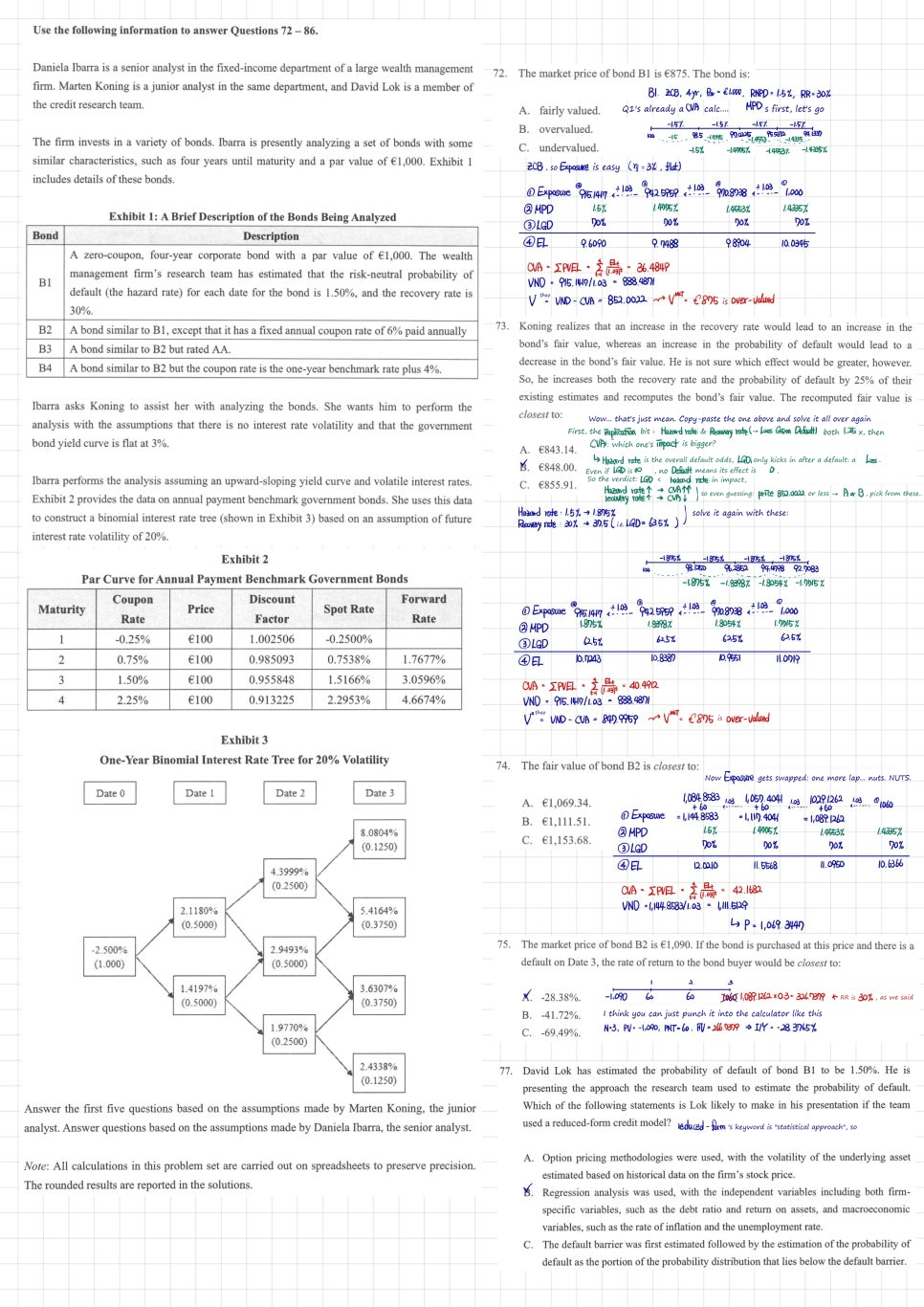 The page of CFA practice questions 72-77 on bonds B1-B4 (Exhibits 1 to 3: bond descriptions, the par curve and a binomial interest rate tree) with the author’s notes