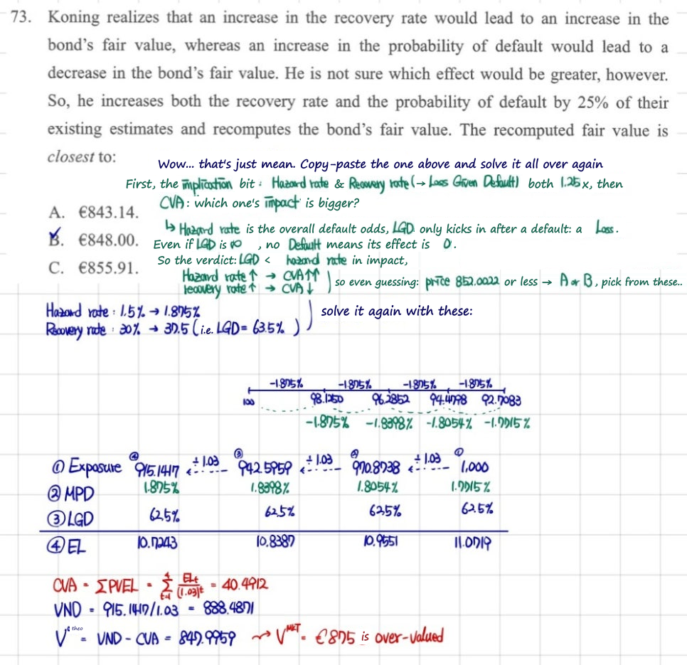 Question 73: hazard rate and recovery rate both raised by 25% (1.875% and 37.5%); the table gives CVA = 40.4912 and a value of 847.9959