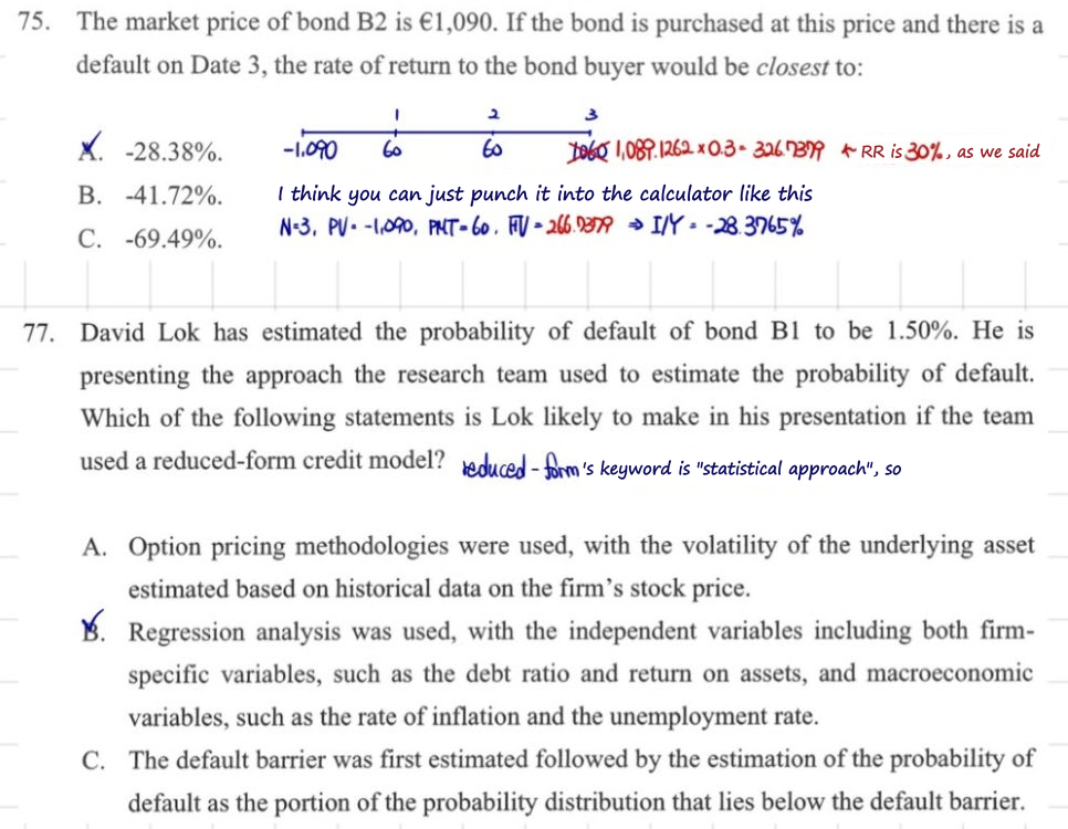 Questions 75 and 77: buying B2 at EUR 1,090 and getting 60, 60 and 30% of 1,089.1262 on a date-3 default returns -28.3765%; a reduced-form model is the statistical approach