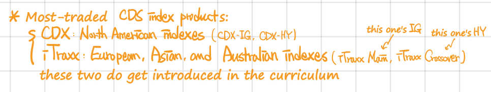 Most-traded CDS index products: CDX, the North American indexes (CDX-IG, CDX-HY), and iTraxx, the European, Asian and Australian indexes (iTraxx Main is the IG one, iTraxx Crossover the HY one); these two do get introduced in the curriculum