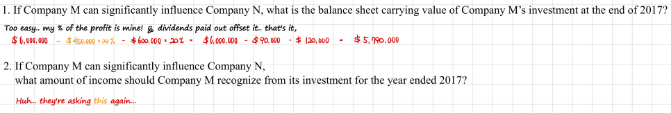 Working for the quiz: the carrying value is 6,000,000 minus 20% of the 450,000 loss minus 20% of the 600,000 dividends, 5,790,000 dollars; the income question asks for the same 90,000 dollar loss again