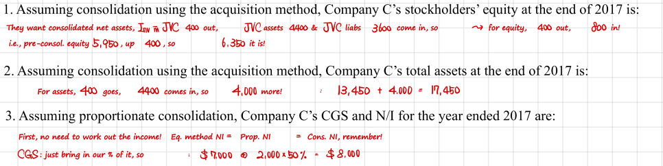 Working: under the acquisition method equity is 6,350 and total assets 17,450; under proportionate consolidation cost of goods sold is 8,000 and net income does not change