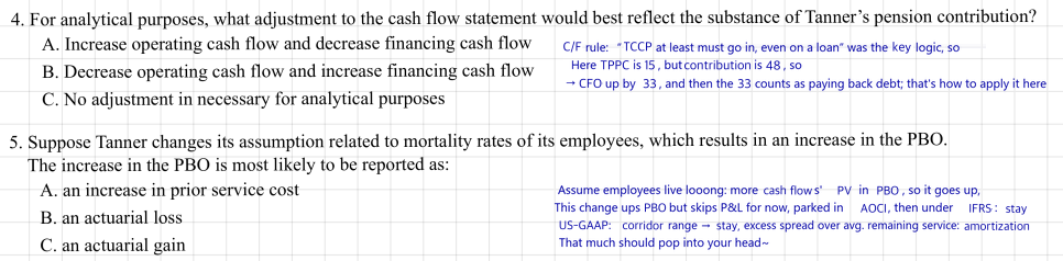 Tanner questions 4 and 5: moving the excess contribution between cash flow sections (answer A), and a mortality change booked as an actuarial loss (answer B)