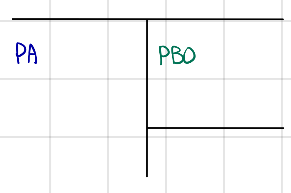 T-account sketch: PA on the left side, PBO on the right side