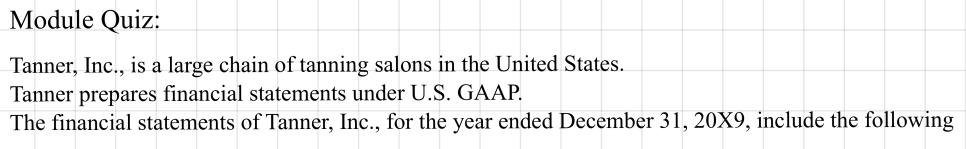 Module quiz: Tanner, Inc., a U.S. GAAP filer, year ended December 31, 20X9