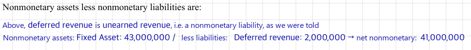Nonmonetary assets less nonmonetary liabilities: fixed assets 43,000,000 minus deferred revenue 2,000,000 = 41,000,000