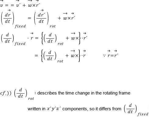 In derivative notation: the fixed-frame derivative of r equals the rotating-frame derivative of r&rsquo; plus w cross r&rsquo;, and the same relation written as an operator on r