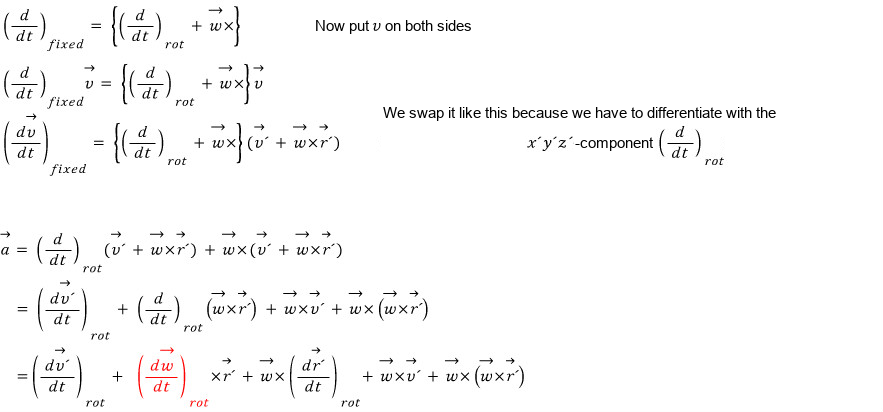 The operator applied to v on both sides, then expanded step by step into the acceleration a, with the red term needing the operator treatment