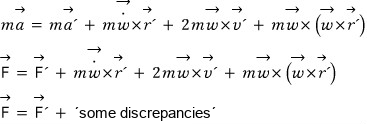 Multiplying by the mass m: m a = m a&rsquo; plus the extra terms, so F = F&rsquo; plus some discrepancies