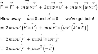 The force F written out for the bug, ending in 2mwv&rsquo; j&rsquo; plus m w squared times minus i&rsquo;