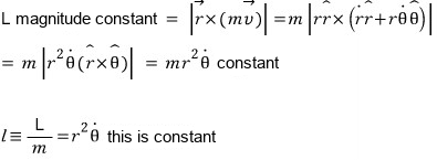 The magnitude of L in polar coordinates equals m r squared theta-dot and is constant, so l = L/m = r squared theta-dot is constant