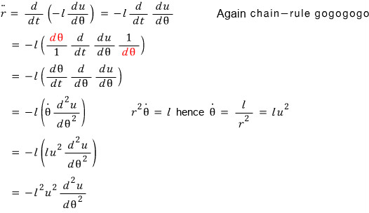 Differentiating again with the chain rule gives r-double-dot = -l squared u squared d squared u / d theta squared