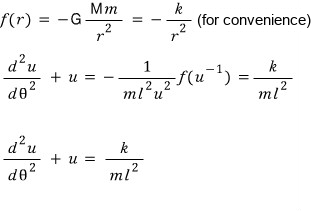 Inserting f(r) = -k / r squared gives d squared u / d theta squared + u = k / (m l squared)
