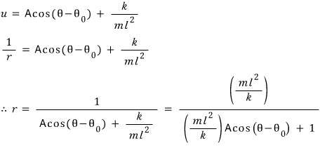 The orbit equation from last time: u = A cos(θ − θ0) + k/(m l²), so r = (m l²/k) / ((m l²/k) A cos(θ − θ0) + 1)