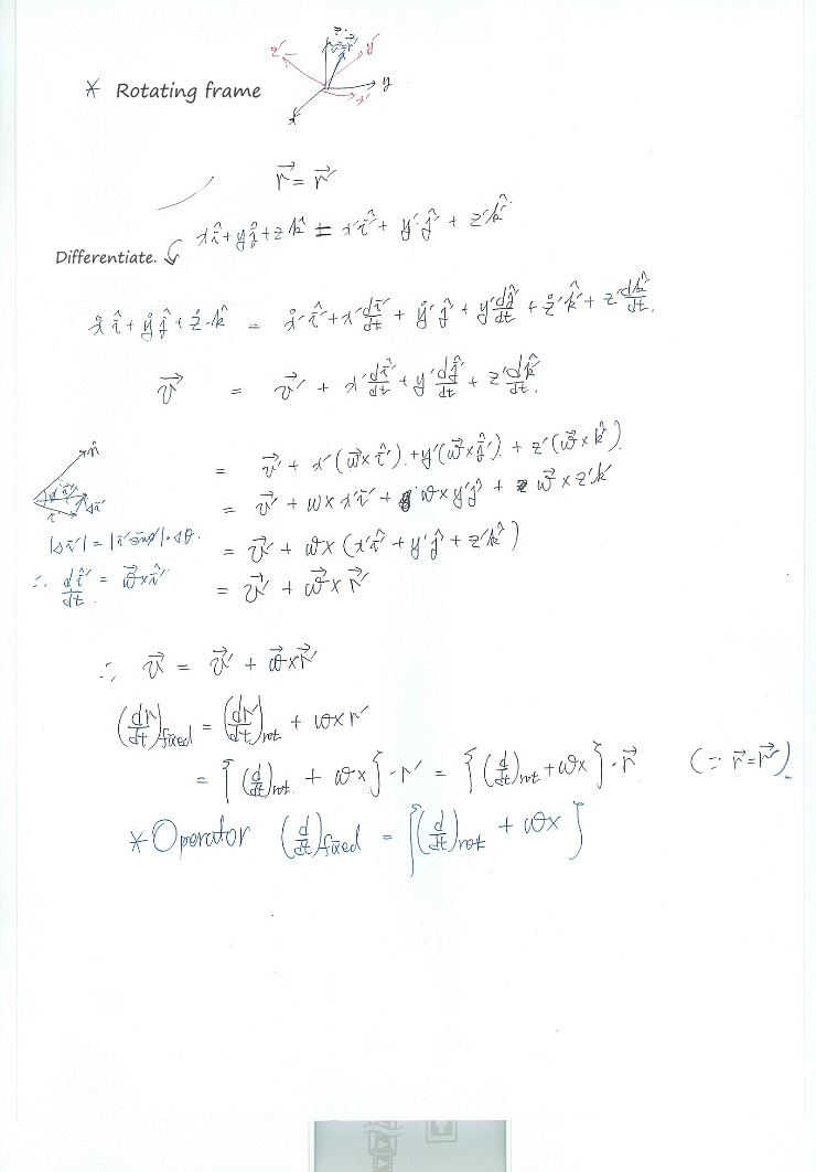 Handwritten notes on the rotating coordinate system and the time-derivative operator
