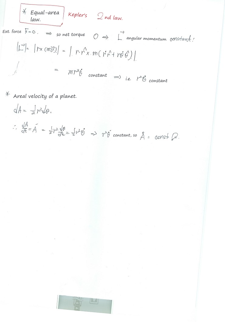 Handwritten notes on Kepler’s second law, the equal-area law