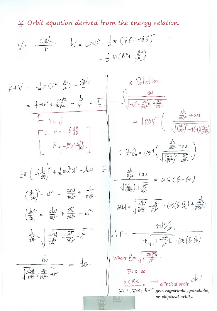 Handwritten notes on deriving the orbit equation from the energy relation