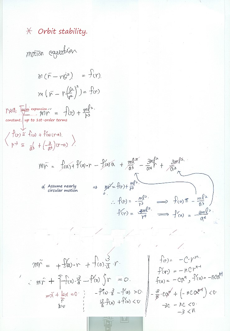 Handwritten notes on the stability of a circular orbit
