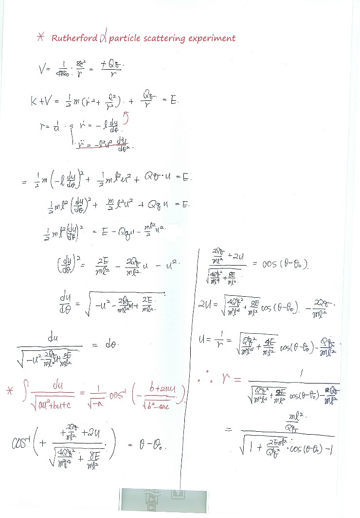 Handwritten notes on Rutherford alpha-particle scattering and its orbit equation