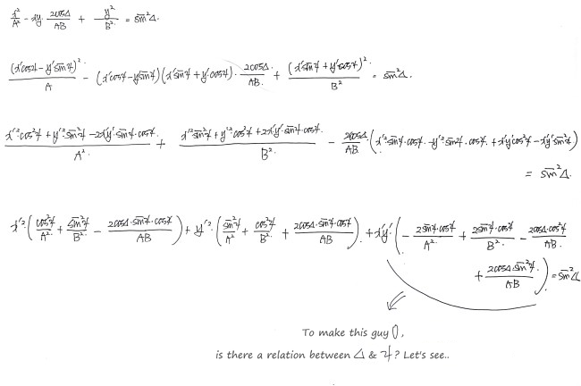 Handwritten note: the substitution expanded and grouped into x′², y′² and x′y′ terms; the x′y′ bracket is the one to make 0