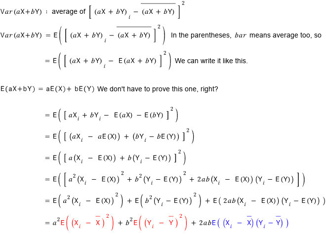 Var(aX+bY) expanded step by step with the E notation, ending with a² E((X_i − mean of X)²) + b² E((Y_i − mean of Y)²) + 2ab E((X_i − mean of X)(Y_i − mean of Y)); the two variance terms are red and the covariance term is blue