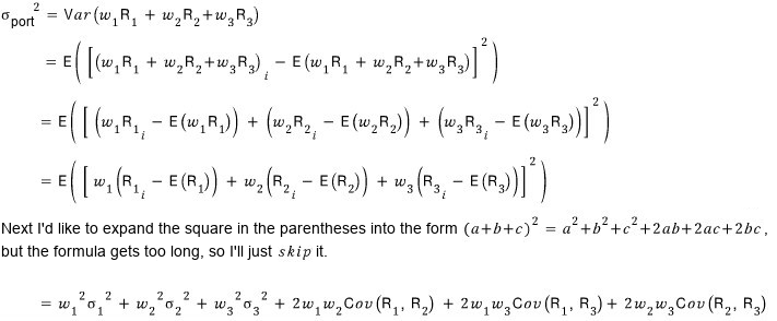 The three-stock portfolio variance expanded step by step, ending with w_1² σ_1² + w_2² σ_2² + w_3² σ_3² + 2 w_1 w_2 Cov(R_1, R_2) + 2 w_1 w_3 Cov(R_1, R_3) + 2 w_2 w_3 Cov(R_2, R_3), with a note that the squaring step is skipped