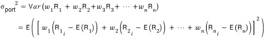 The same derivation started for n stocks: σ_p² = Var(w_1 R_1 + &hellip; + w_n R_n)